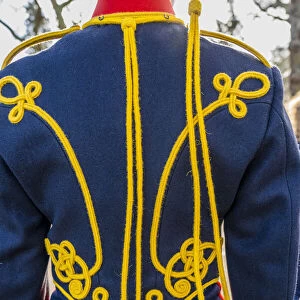 Close up of the uniform of a Kings Troop Royal Horse Artillery soilder, on Acession day, St James Park, London, England, Uk