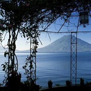 The view across Lake Atitlan from a pergola in the