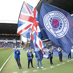 Rangers Flagbearers Hoist Scottish Premiership Banner at Ibrox Stadium (Scottish Cup Champions 2003)