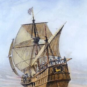 FRANCIS DRAKE (1540?-1596). English naval commander. Drakes ship, the Golden Hind