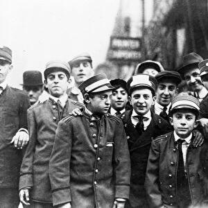 MESSENGER STRIKE, 1916. Striking messenger boys at 6th Avenue and 32nd Street in New York City