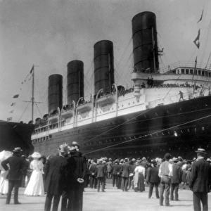 NEW YORK: LUSITANIA, 1907. The first appearance of the Cunard steamship Lusitania