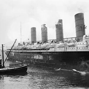 NEW YORK: LUSITANIA. The Cunard steamship Lusitania at New York Harbor, c1910-15