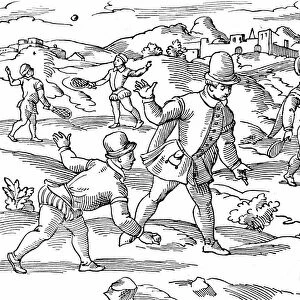 Childrens games in 16th century: In foreground boys are playing a form of skittles