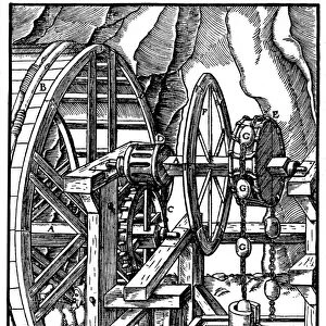 Rag-and-chain pump for draining a mine operated by men in treadmill. From Agricola