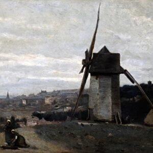 A Windmill, Etretat oil on wood, by Jean-Baptiste Camille Corot (1796-1875) French artist