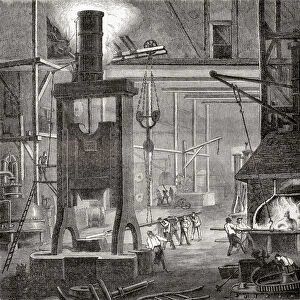 A 19th century steam hammer or drop hammer, from Les Merveilles de la Science, pub. 1870