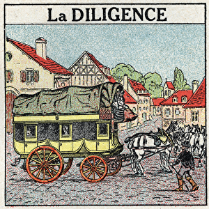 Animal traction: the diligence. Anonymous illustration of 1925. Private collection