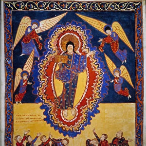 Appearance of the Lord on the clouds, surrounded by angels, has his enemies who conspute him. Miniature in "Beatus de Liebana, Commentary on the Apocalypse"Folio 29 by Stephanus Garcia, 11th century. BN, paris