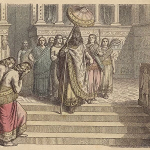 Assyrian king and his entourage (coloured engraving)