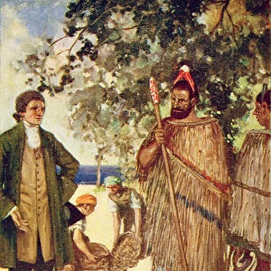 Captain Cook (1728-79) presents the natives with some sheep and goats, illustration from The Book of Discovery by T. C. Bridges, published 1931 (colour litho)