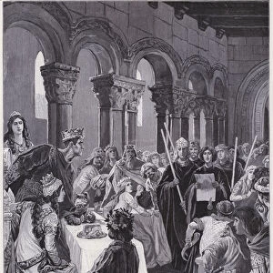 Charles the Bald receiving the demands of his half-brother Louis the German for the division of the Frankish realms, 842 (engraving)