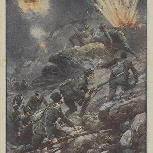 The conquest of the rocket entrenching, the heroic Sardinians advance on all fours, under the storm (Colour Litho)