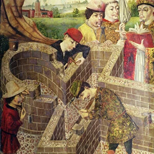 Construction of a church, detail from The Church of San Miguel (oil on panel)