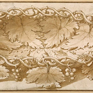 Design for an oval fruit bowl, with vine tendrils, leaves and grapes