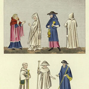 Ecclesiastical habits of the 14th Century (coloured engraving)