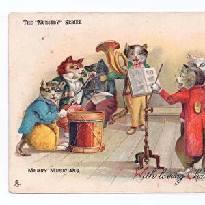 Edwardian Christmas postcard of cats playing musical instruments and one conducting, c