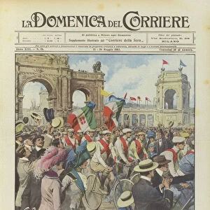 The greeting of Rome in Turin, departure of the cycling relay from Rome carrying the parchment for Turin (colour litho)