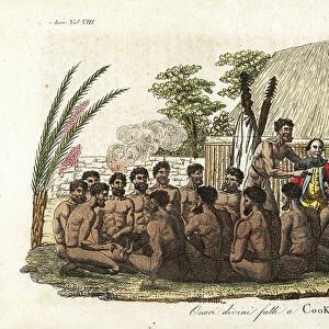 Hawaiian natives offer a sacrificial pig to Captain James Cook before 12 priests and a wooden idol in the sacred Orono house. Handcoloured copperplate engraved by Sasso after John Webber from Giulio Ferrario