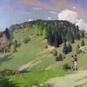 Hikers at Goodwood Downs (oil on canvas)