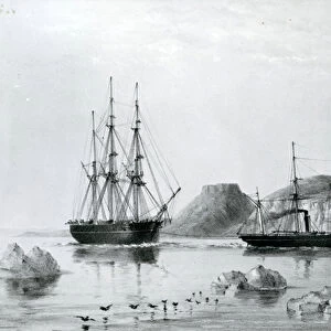 HMS Assistance in Tow of Pioneer passing John Harrow Mount, North Wellington Channel in 1853