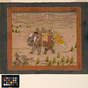 A lion attacks a hunting party atop an elephant, c. 1810 (opaque w / c and gold on paper)