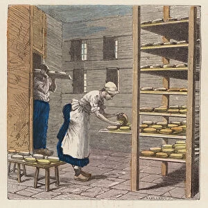 Making cheese (coloured engraving)