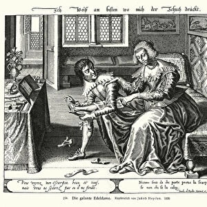 Man helping a noble lady put on her shoes (copper engraving)