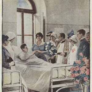 A moving ceremony in the Celio Military Hospital in Rome, the wedding of a wounded soldier (colour litho)