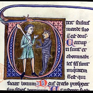 Ms 36 Historiated initial D depicting a man with the devil