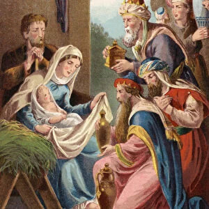 Nativity of Jesus Christ, with Three Wise Men (chromolitho)