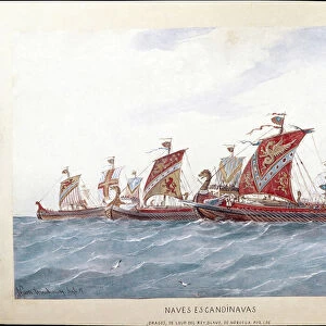 Representation of the fleet of King Olaf I of Norway, 1885 (w / c on paper)