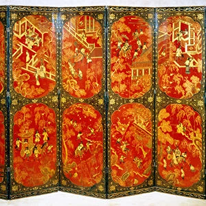 Six-fold screen depicting European figures in panels of red with black borders, c