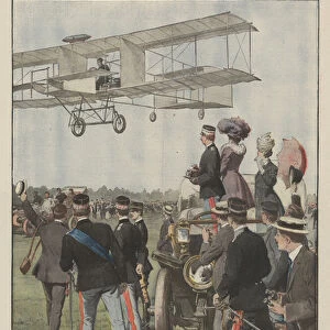 The sovereigns attend the aviation tests in Rome, Delagrange surpasses all the records... (colour litho)