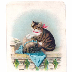 A Victorian Christmas card of a cat with its paws on a sleeping bulldog, c