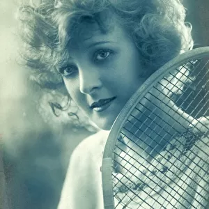 Woman with a tennis racquet (b / w photo)