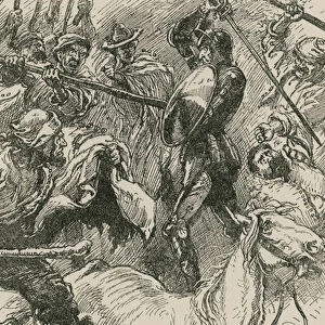 The Yanguesians, seeing themselves thus rudely handled, betook themselves to their levers and pack-staves (engraving)