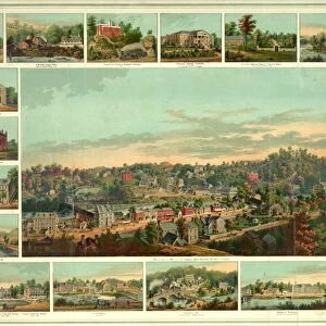 Birds eye view of Ellicotts Mills, Maryland; small images of various buildings