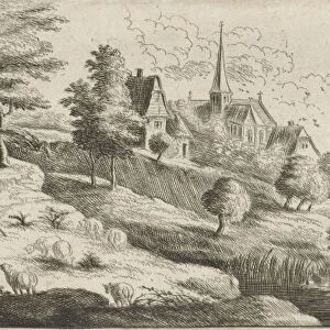 Landscape with a village and a flute-playing man, print maker: Lucas van Uden, Frans