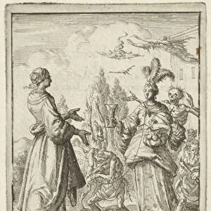 Woman pointing to richly dressed woman who is led on a string by Sin and is surrounded