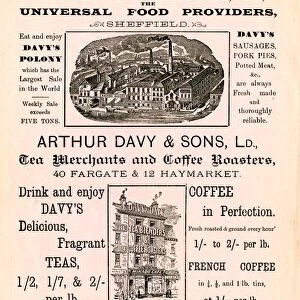 Advertisement for Arthur Davy and Sons Ltd. Universal Food Providers, 40 Fargate, 1897