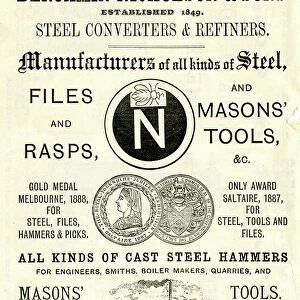Advertisement for Benjamin Nicholson and Sons, steel converters and refiners, Shoreham Steel, File and Tool Works, Bramall Lane, 1889