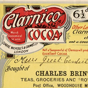 Advertisement (billhead) for Clarnico Cocoa, Charles Brint, teas, groceries and provisions, Woodhouse, 1906