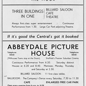 Advertisement for Central Picture House, The Moor and Abbeydale Picture House, Abbeydale Road, 1939