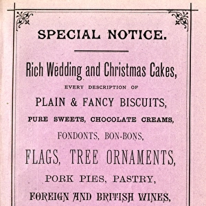 Advertisement for Charles Butlers rich wedding and Christmas cakes, plain and fancy biscuits, pure sweets, chocolaet creams, fondants, bon-bons, flags, tree ornaments, pork pies, pastry and wines, 1886