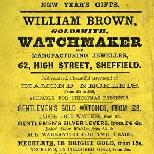 Advertisement for Christmas presents and new years gifts - William Brown, Goldsmith, Watchmaker, and Manufacturing Jeweller, 62 High Street, Sheffield, 1866