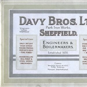 Advertisement for Davy Bros Ltd, Engineers and Boilermakers, Park Iron Works, Sheffield, c. 1900