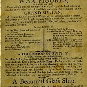 Advertisement for an Exhibition of Curiosities, including Wax Figures (waxworks), a collection of Busts and a beautiful Glass Ship