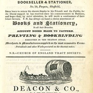 Advertisement for Frederick Hodgson, Bookseller and staioner, 19 Fargate and Deacon and Co. Carriers, Orchard Street, Sheffield, 1837
