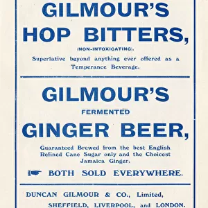 Advertisement for Gilmours Hop Bitters (temperance beverage) and ginger beer, Sheffield, Yorkshire, 1907